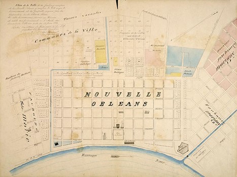 Plan of present-day French Quarter and surrounding neighborhoods, including Faubourgs Tremé, Marigny, and Ste. Marie. Ca. 1875, after 1812 Tanesse plan.