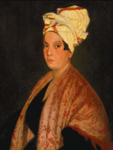 1920 portrait formerly identified as Marie Laveau (1794–1881) by Frank Schneider, based on an 1835 painting (now lost?) by George Catlin.